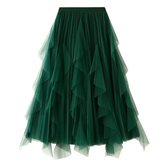 SWSMCLT Women's Tulle Skirt Long Vintage Pleated Skirt Ruffle High Waist Flowy Green One Size