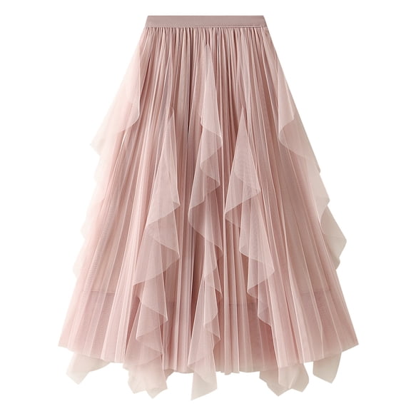 SWSMCLT Women's Tulle Skirt Long Vintage Pleated Skirt Ruffle High Waist Flowy Pink One Size