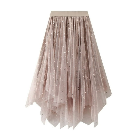 SWSMCLT Women's Tulle Skirt Mesh Tutu Skirt Elastic Waist Chiffon Halloween Pleated Summer Tea Length Tulle Skirt Apricot Small-Large