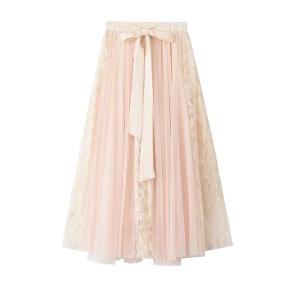 SWSMCLT Women's Tulle Skirt Pleated Tutu Skirt Spring Bubble Skirt A Line Layered Mesh Summer Lace Elastic Cute Apricot Small-Large