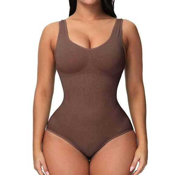 SWSMCLT Women's Tummy Control Bodysuit Sleeveless Hook Shaper Shapewear Firm Body Shaper Postpartum Spandex Mid Thigh Coffee Small