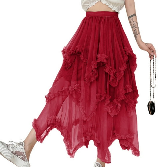 SWSMCLT Women's Tutu Skirt Pleated Ruffle Tulle Skirt Long Mesh Halloween Fall Skirt Burgundy One Size