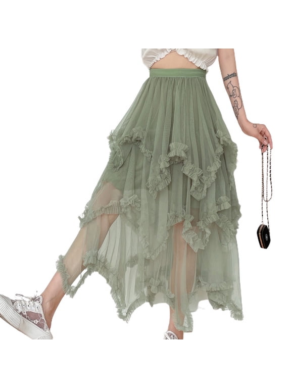 Women's Tutu Skirt Pleated Ruffle Tulle Skirt Long Mesh Halloween Fall Skirt Green One Size