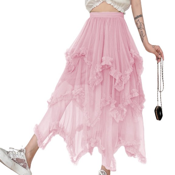 SWSMCLT Women's Tutu Skirt Pleated Ruffle Tulle Skirt Long Mesh Halloween Fall Skirt Pink One Size