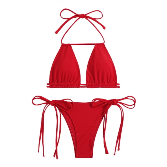 SWSMCLT Women's Two Piece Bikini Set String Beach Ruched Padded Brazilian Spandex Swimsuit Halter Red Small