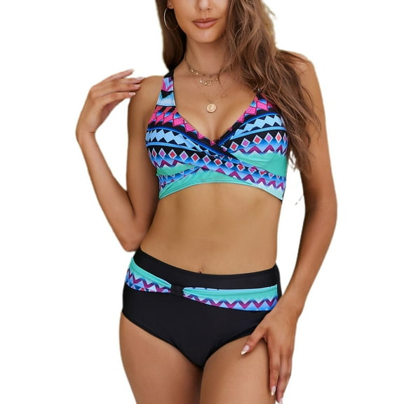 SWSMCLT Women's V Neck Bikini Set Swimsuit 2 Piece High Waisted Bathing Suit Full Coverage Tribal Printed Push Up Ruched Twist Front Swimming Swimwear Blue X-Small