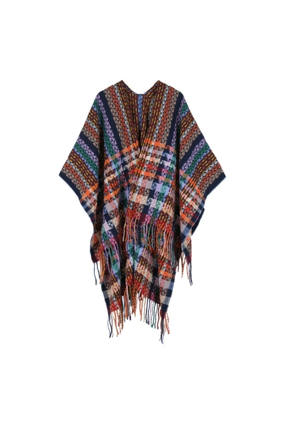 Women's V Neck Cape Fringe Top Knit Boho Open Front 3/4 Sleeve Soft Date Night Fall Casual Winter Thermal Navy One Size