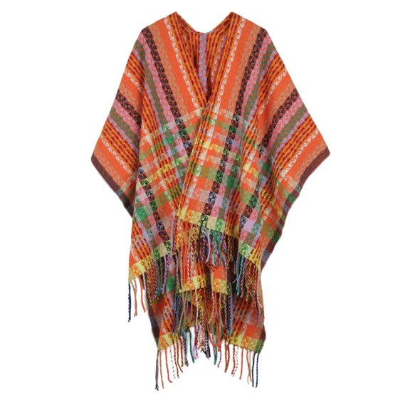 SWSMCLT Women's V Neck Cape Fringe Top Knit Boho Open Front 3/4 Sleeve Soft Date Night Fall Casual Winter Thermal Orange One Size