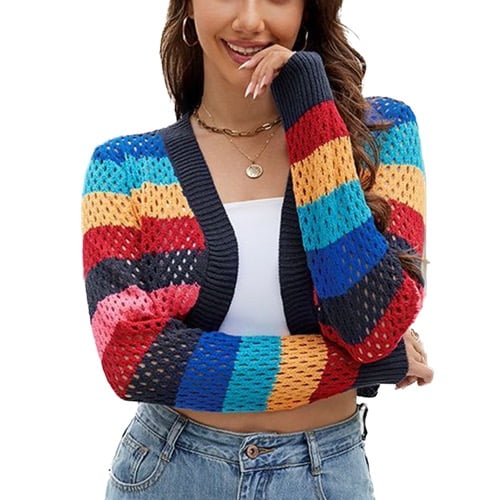 SWSMCLT Women's V Neck Cardigan Cardigan Sweater Long Sleeve Coat Winter Cropped Fall Warm Acrylic Soft Knit Multicolored Medium