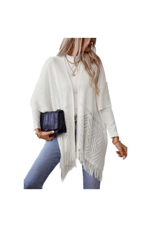 Women's V Neck Cardigan Knit Sweater Crochet Long Cardigan Sweaters Solid Cutout Oversized Warm Open Front Soft Cozy Spring Flowy Fringe White Small-X-Large
