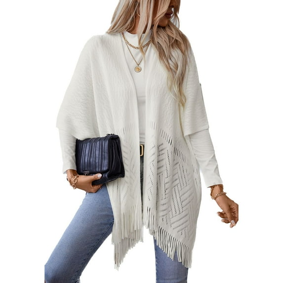 SWSMCLT Women's V Neck Cardigan Knit Sweater Crochet Long Cardigan Sweaters Solid Cutout Oversized Warm Open Front Soft Cozy Spring Flowy Fringe White Small-X-Large