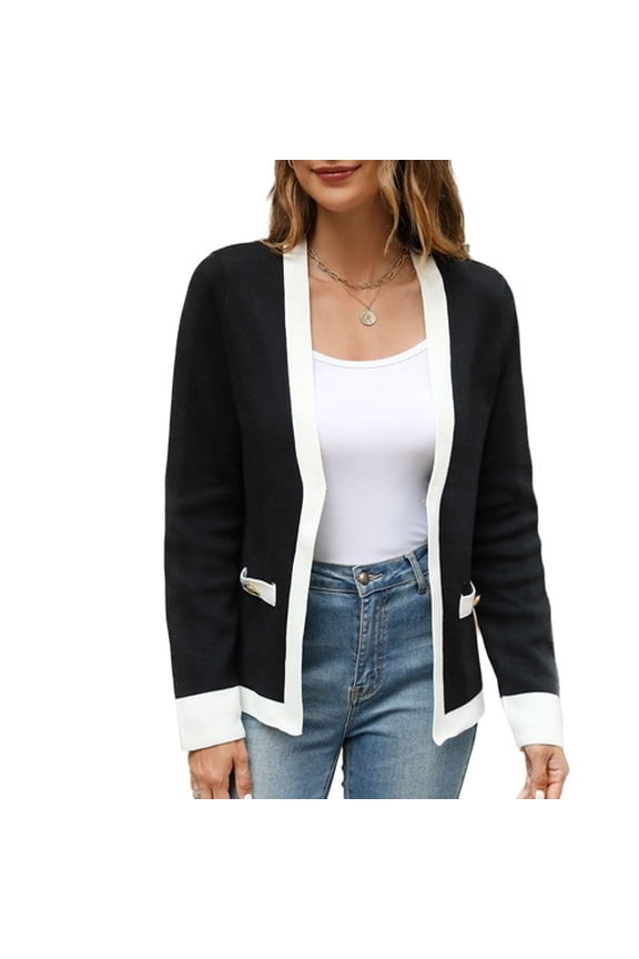Women's V Neck Cardigan Long Sleeve Sweater Oversized Open Front Coat Winter Vintage House Warm Knit Fall Black Medium