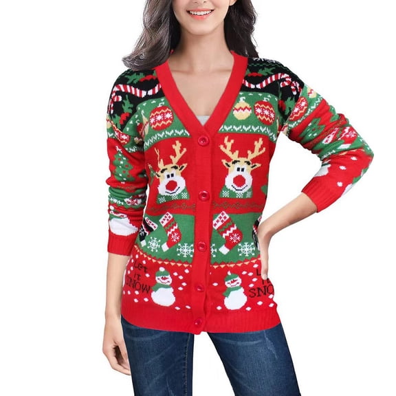 SWSMCLT Women's V Neck Cardigan Sweater Long Sleeve Christmas Drop Shoulder Ribbed Casual Cute Knit Warm Coats Red X-Small