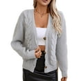 thumbnail image 1 of SWSMCLT Women's V Neck Cardigan Sweater Long Sleeve Winter Knitted Short Button Down Warm Sweater Top Spring Fall Holiday Loose Fit Chunky Soft Cozy Cable Knit Grey Large, 1 of 5