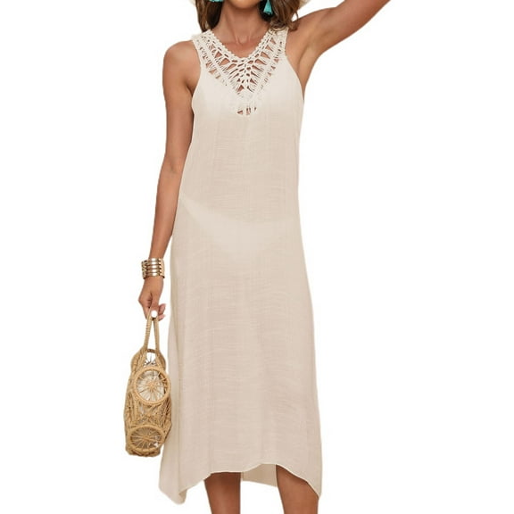 SWSMCLT Women's V Neck Cover Up Dress Tank Soft Fringe Crochet Coverups Light Sexy Beach Long Linen Apricot Small