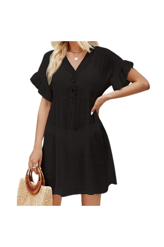 Women's V Neck Coverup Dress Semi Sheer High Waisted Button Up Bikini Set Swimsuit Beach Bathing Suit Coverups Cover Up Soft Ruffle Short Sleeve Black Small-Large