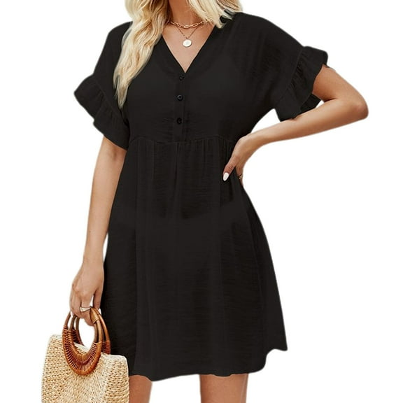 SWSMCLT Women's V Neck Coverup Dress Semi Sheer High Waisted Button Up Bikini Set Swimsuit Beach Bathing Suit Coverups Cover Up Soft Ruffle Short Sleeve Black Small-Large