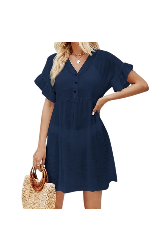 Women's V Neck Coverup Dress Semi Sheer High Waisted Button Up Bikini Set Swimsuit Beach Bathing Suit Coverups Cover Up Soft Ruffle Short Sleeve Navy Small-Large