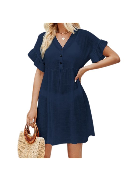 Women's V Neck Coverup Dress Semi Sheer High Waisted Button Up Bikini Set Swimsuit Beach Bathing Suit Coverups Cover Up Soft Ruffle Short Sleeve Navy Small-Large