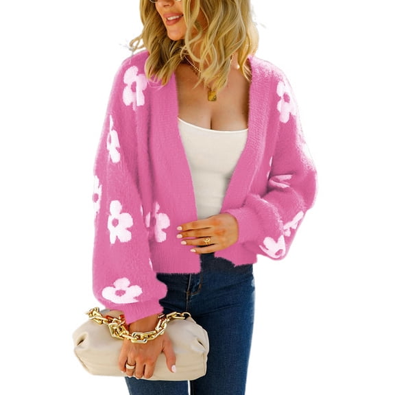 SWSMCLT Women's V Neck Knit Crop Sweater Bishop Long Sleeve Warm Fashion Cozy Slouchy Short Open Front Cardigan Soft Floral Winter Fluffy Rose Small
