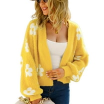 SWSMCLT Women's V Neck Knit Crop Sweater Bishop Long Sleeve Warm Fashion Cozy Slouchy Short Open Front Cardigan Soft Floral Winter Fluffy Yellow X-Large
