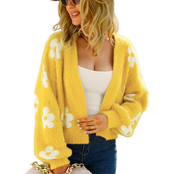SWSMCLT Women's V Neck Knit Crop Sweater Bishop Long Sleeve Warm Fashion Cozy Slouchy Short Open Front Cardigan Soft Floral Winter Fluffy Yellow X-Large