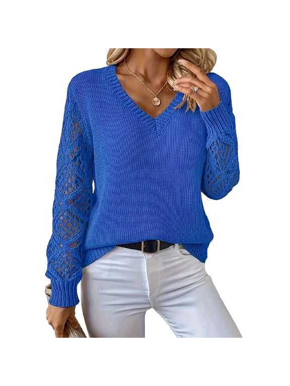 Women's V Neck Knit Pullover Sweaters Blue X-Large