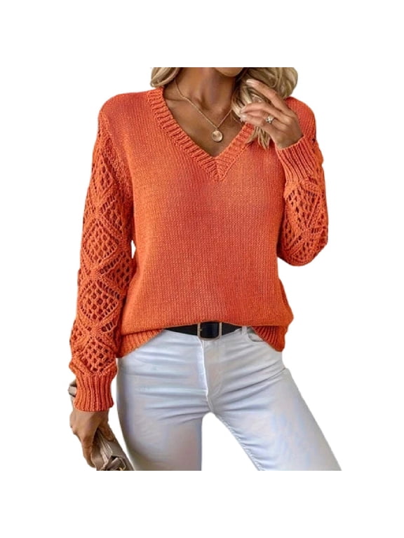 Women's V Neck Knit Pullover Sweaters Orange X-Large