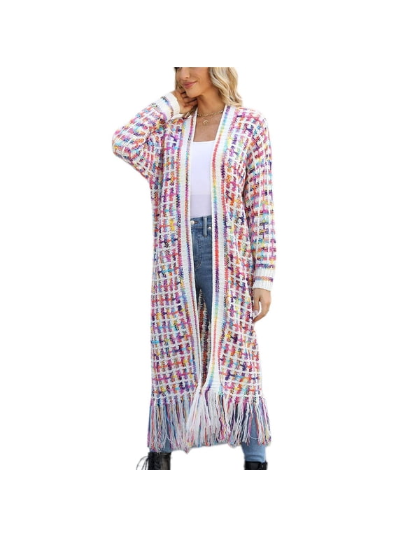 Women's V Neck Long Cardigan Sweater Soft Top Spring Duster Cardigan Long Sleeve Cable Knit Fringe Winter Loose Rose 4-6