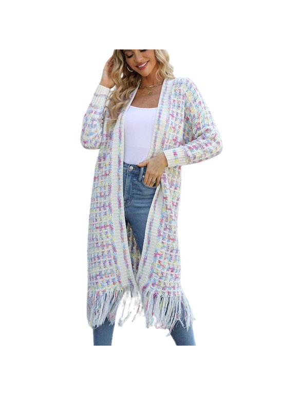 Women's V Neck Long Cardigan Sweater Soft Top Spring Duster Cardigan Long Sleeve Cable Knit Fringe Winter Loose Yellow 18