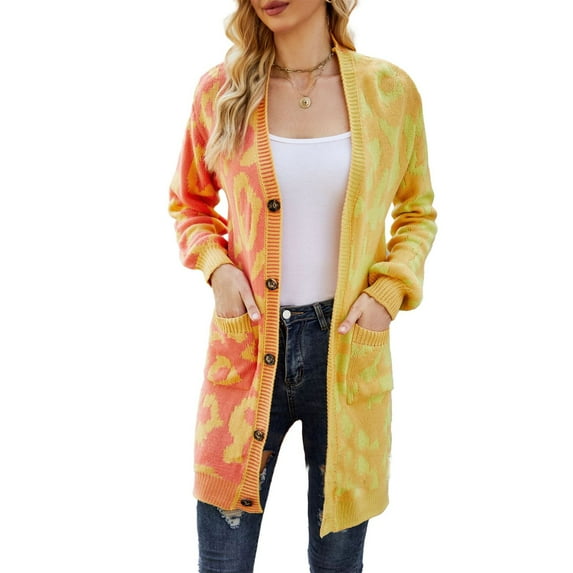 SWSMCLT Women's V Neck Long Cardigan Sweater Spring Warm Knitwear Long Sleeve Sweater Long Button Soft Fall Fashion Holiday Yellow X-Large