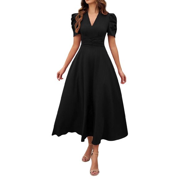 SWSMCLT Women's V Neck Maxi Dress Solid Flowy Dresses Short Sleeve Black Small