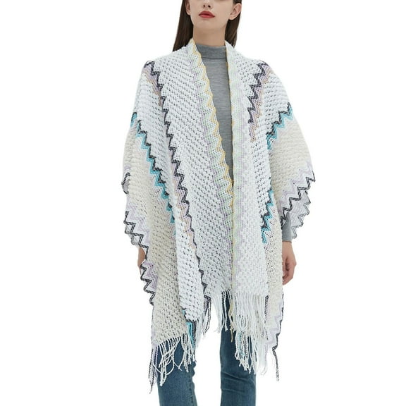 SWSMCLT Women's V Neck Poncho Boho Sweater Soft Thermal Cape Fashion Open Front Crochet Fringe Loose Knitwear Beige One Size