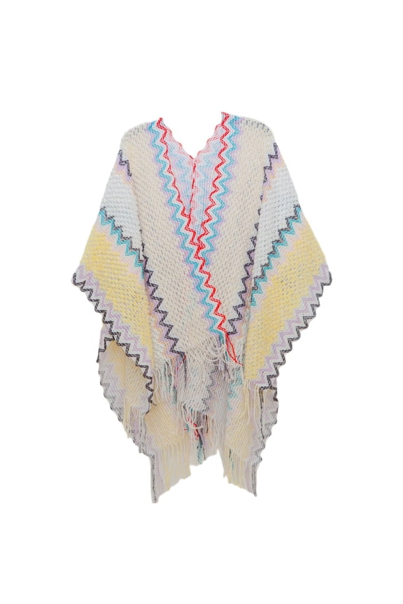 Women's V Neck Poncho Boho Sweater Soft Thermal Cape Fashion Open Front Crochet Fringe Loose Knitwear Yellow One Size