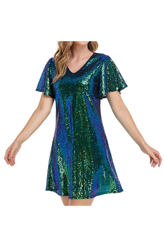 SWSMCLT Women's V Neck Skater Dress 50s Disco Modest Hoco Homecoming DressSequin Flutter Short Sleeve Metallic Glitter Short Cocktail Party Green X-Large