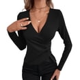 thumbnail image 1 of SWSMCLT Women's V Neck T Shirt Long Sleeve Top Fall Blouse Deep V Neck Button Sexy Ruched Fashion Shirt Black X-Large, 1 of 1