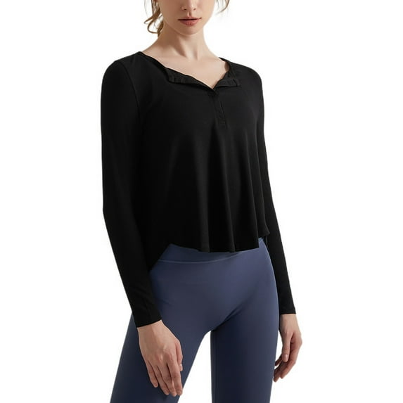 SWSMCLT Women's V Neck Top Crop Blouse Long Sleeve Fall Spandex Shirt Workout Casual Running Yoga Soft Fashion Black 8