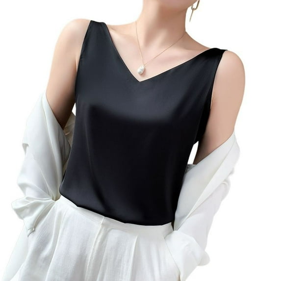SWSMCLT Women's V Neck Top Soft Satin Loose Cooling Fall Spandex Slimming Cami Shirt Vest Summer Sleeveless Black Small