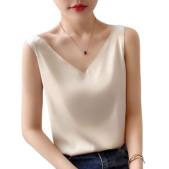 SWSMCLT Women's V Neck Top Soft Satin Loose Cooling Fall Spandex Slimming Cami Shirt Vest Summer Sleeveless Golden Medium