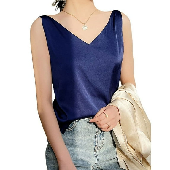 SWSMCLT Women's V Neck Top Soft Satin Loose Cooling Fall Spandex Slimming Cami Shirt Vest Summer Sleeveless Navy X-Small