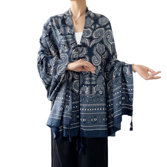 SWSMCLT Women's V Neck Top Summer Pashmina Shawl Scarf Soft Boho Fashion Tulle Sheer Thin Convertible Light Fringe Cape Navy One Size