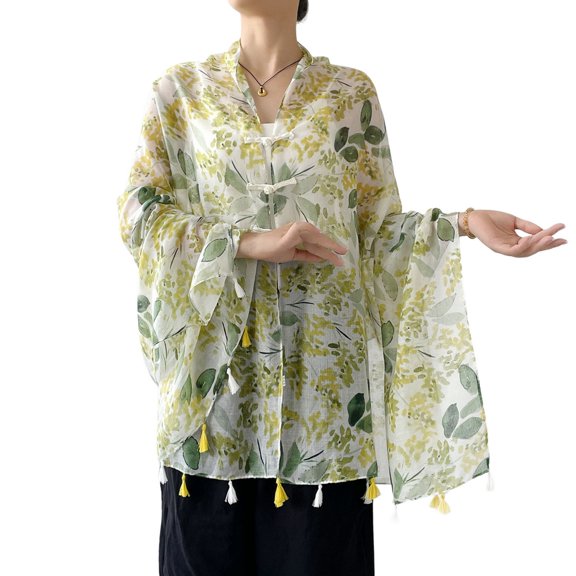 SWSMCLT Women's V Neck Top Summer Pashmina Shawl Scarf Soft Boho Fashion Tulle Sheer Thin Convertible Light Fringe Cape Yellow One Size