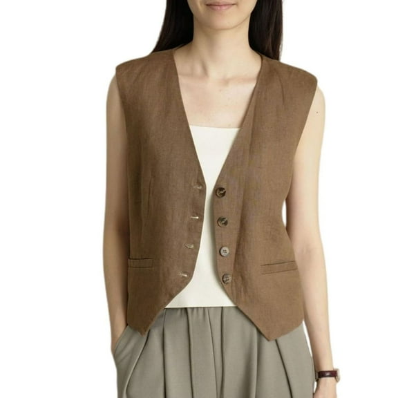 SWSMCLT Women's V Neck Waistcoat Soft Linen Slim Fit Blazer Suit Jacket Fashion Summer Top Dressy Vest Lightweight Casual Business Button Down Coffee X-Small