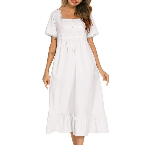 SWSMCLT Women's Victorian Nightgown Comfy Frilly Princess Soft Lightweight Summer Ruffle Sleep Dress Pajama Dress Short Sleeve White Medium