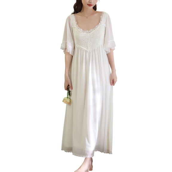 SWSMCLT Women's Victorian Nightgown Vintage Oversized See Through Sleep Shirt Nylon Spandex Ruffle Padded Pull On White Small