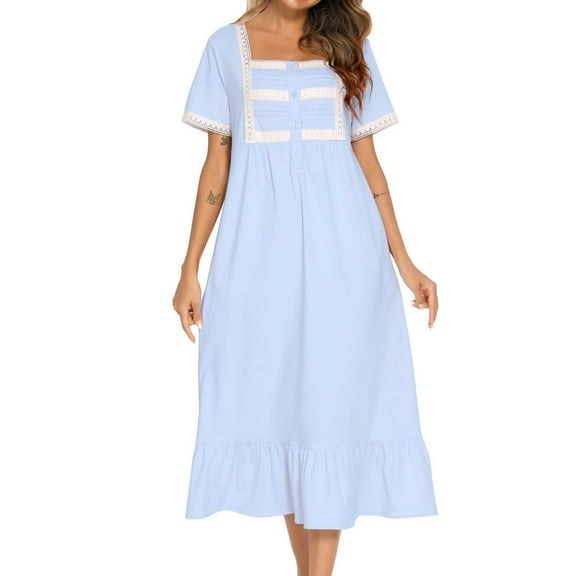 SWSMCLT Women's Victorian Vintage Lounge Dress Lace Light Loose Long Adorable Night Gown Home Night Dress Hollow Out Sky Blue Medium