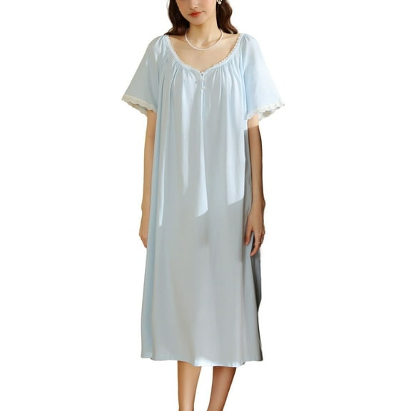SWSMCLT Women's Victorian Vintage Nightgown Knee Length Night Gown Keyhole Lounge Dress Button Breathable Bunched Blue Small