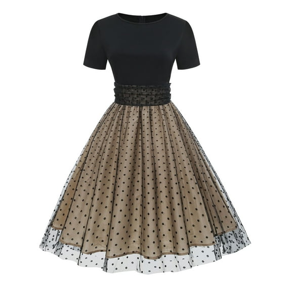 SWSMCLT Women's Vintage Dresses Short Sleeve Fall Party Mesh 1950s 50s 60s Polka Dot Printed Summer A Line Date Night Black Large
