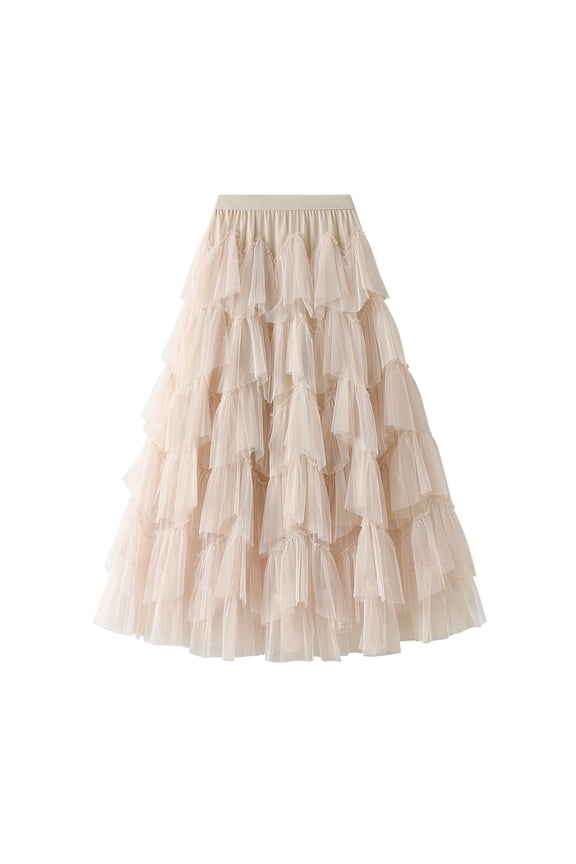 Women's Vintage Fall Calf Length Chiffon Pleated Skirt Long Tutu Skirt Ruffle Mesh High Waist Bubble Skirt Apricot Small-Large