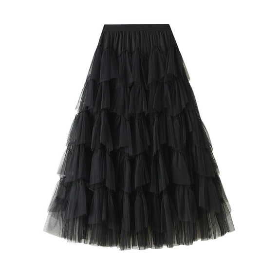 SWSMCLT Women's Vintage Fall Calf Length Chiffon Pleated Skirt Long Tutu Skirt Ruffle Mesh High Waist Bubble Skirt Black Small-Large